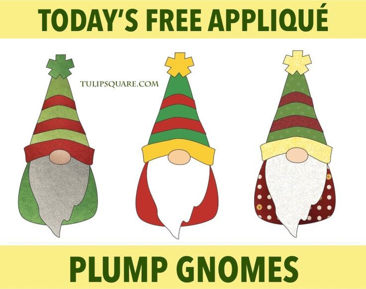 three christmas gnomes with hats on them and the words today's free applique