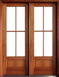 an open wooden door with glass panels on the front and side doors to both sides