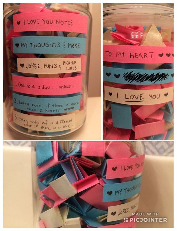 there is a jar filled with pink and blue sticky notes