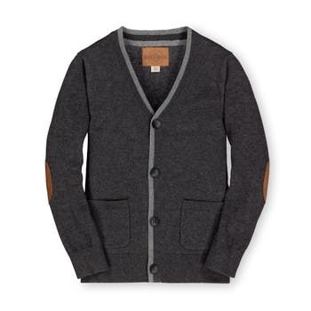 Our handsome vintage-inspired cardigan is a new version of a timeless classic. Knit in our signature soft organic cotton, it features a button front closure, contrast tipping along the rib trim, faux suede elbow patches, and two front pockets for keeping hands warm and cozy. A cold weather staple he'll love to wear! 100% Cotton, exclusive of trims. 2 patch pockets. Machine washable. Hope & Henry is an American company born from the belief that beautiful, high quality clothing can be affordable t Classic Brown Cotton Cardigan, Classic Gray Everyday Cardigan, Gray Cotton Cardigan For Work, Gray Cotton Cardigan With Buttons, Classic Cotton Cardigan For Layering, Gray Cotton Cardigan For Fall, Gray Cotton Sweater With Button Closure, Gray Cotton Cardigan For Layering, Elbow Patches