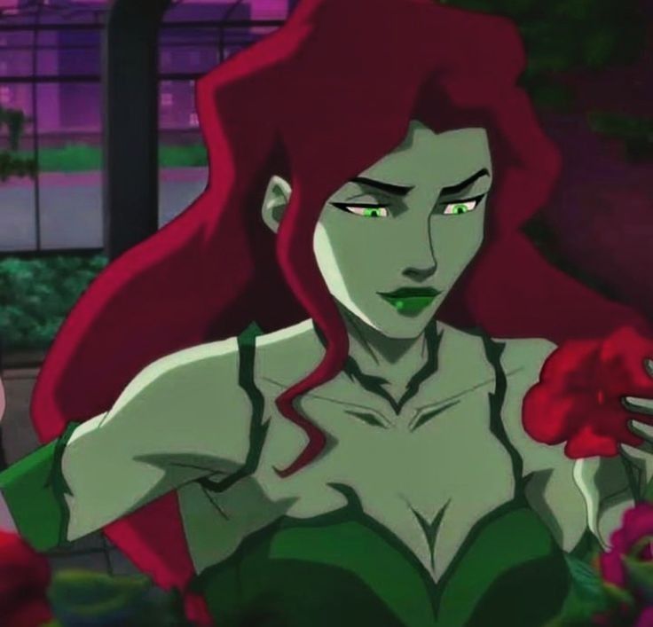 a woman with red hair and green eyes holding a rose