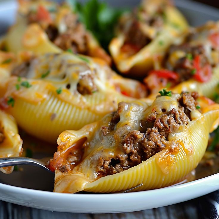 stuffed shells filled with meat and cheese on a plate