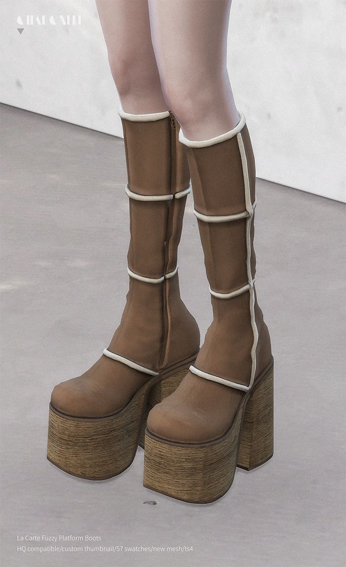 a woman wearing brown boots with white straps