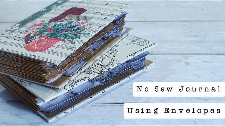 three notebooks stacked on top of each other with the words, no sew journal using envelopes