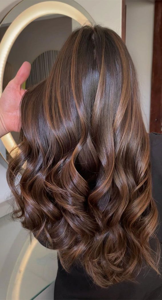 Brown Global Hair Color With Highlights, Highlight Colours For Brown Hair, Coffee Bean Brown Hair, Winter Hair Colours Brunette, Hair Colour For Wavy Hair, Hair Colour Ideas For Brunettes Coloring, Brown Hair Colors For Winter, Brown Hair Colours Ideas, Hair Colour Ideas Brunette