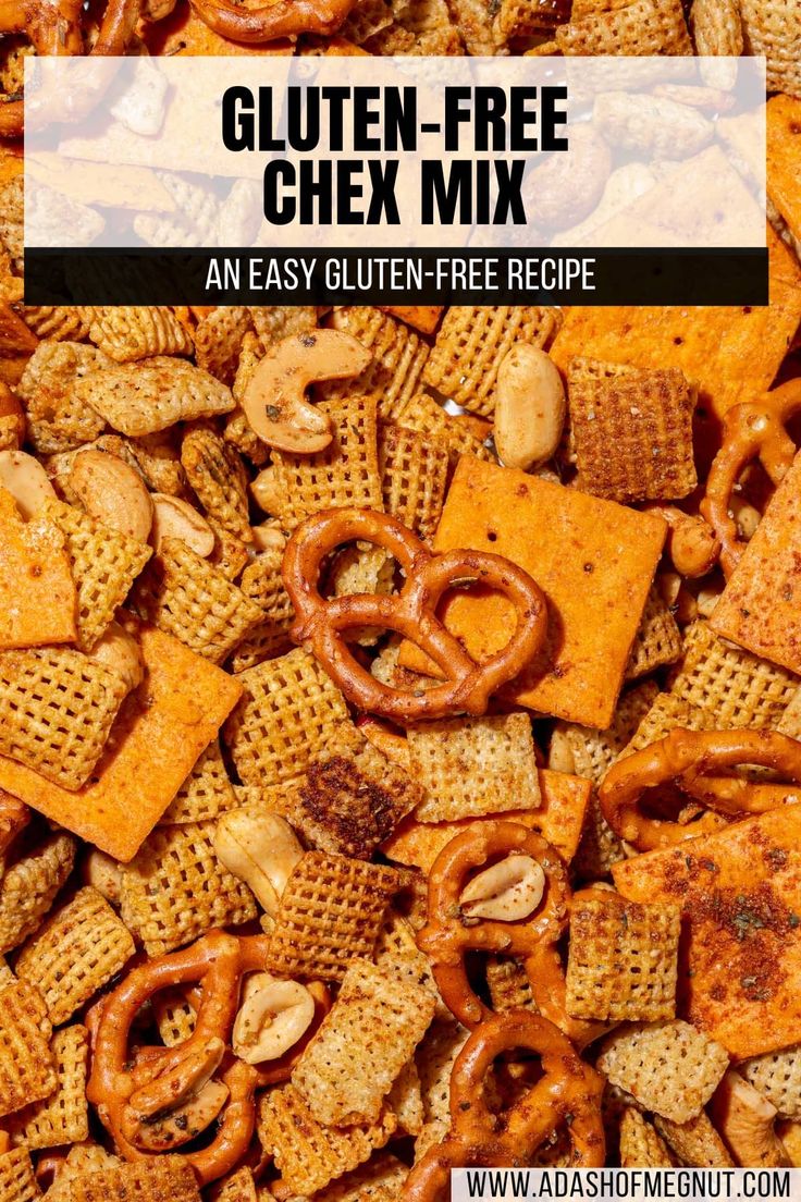 gluten - free chex mix with text overlay