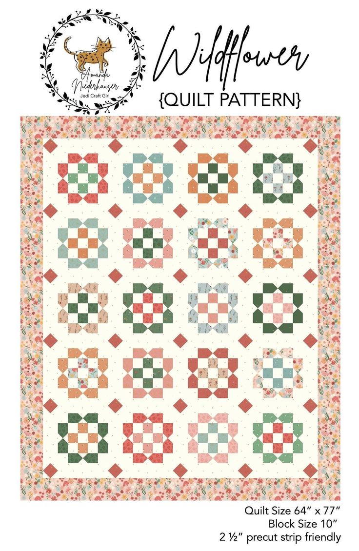 the wildflower quilt pattern is shown in red, white and green colors with an image of