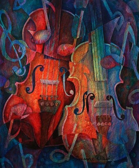 an abstract painting of violin and music notes