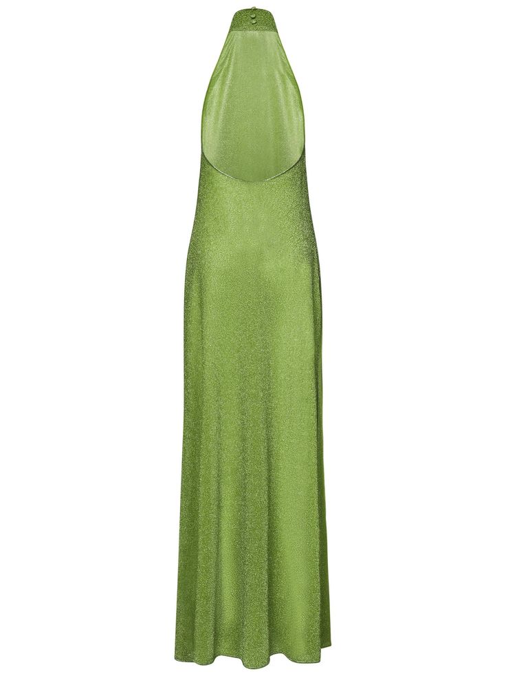 Button closure on the back of the neck Turtleneck; Sleeveless Halter neckline; Backless Side slits Color: lime green 64% Polyamide, 34% Metal Made in Italy Chic Green Halter Neck Maxi Dress, Elegant Green Halter Backless Dress, Green Maxi Length Halter Dress For Evening, Green Backless Halter Dress For Evening, Green Halter Neck Dress For Formal Occasions, Green Maxi Halter Dress For Evening, Green Halter Maxi Dress For Evening, Green Halter Neck Dress For Evening, Green Maxi Length Halter Dress For Party