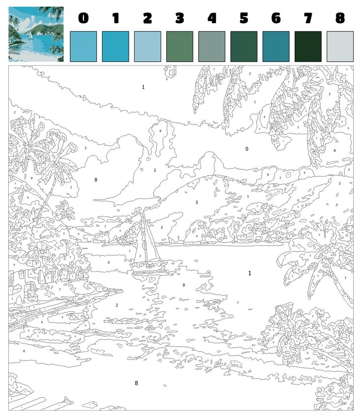 a coloring page with an image of a tropical island and sailboat in the water