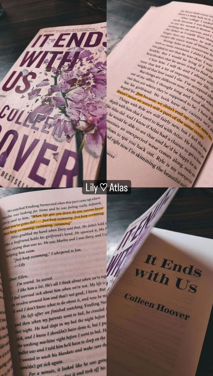 four different views of an open book with flowers in it and the words, if ends with us