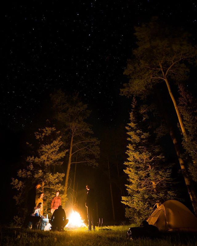 people sitting around a campfire in the woods at night with their tents lit up