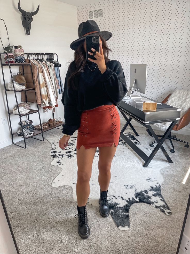 Skirt With Boots Outfit Summer, Courderoy Skirt Outfit Fall, Skirts And Doc Martens Outfit, Doc Martens With Skirt, Boujee Fall Outfits, Plus Size Skirt Outfits Fall, Skirt With Doc Martens, Suede Skirt Outfit Fall, Meghan Sisco