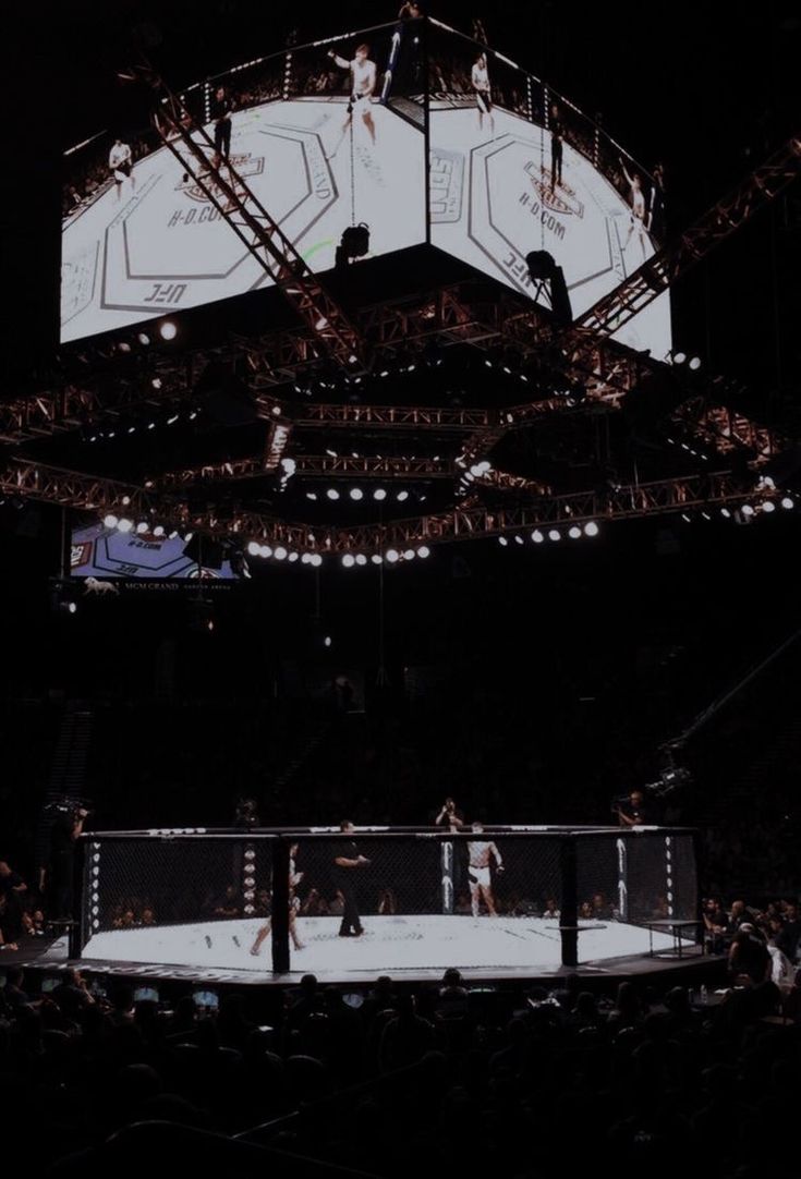 two people standing on top of a wrestling ring in the middle of an arena at night