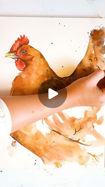 a painting of a chicken and a person's arm with their foot in the air