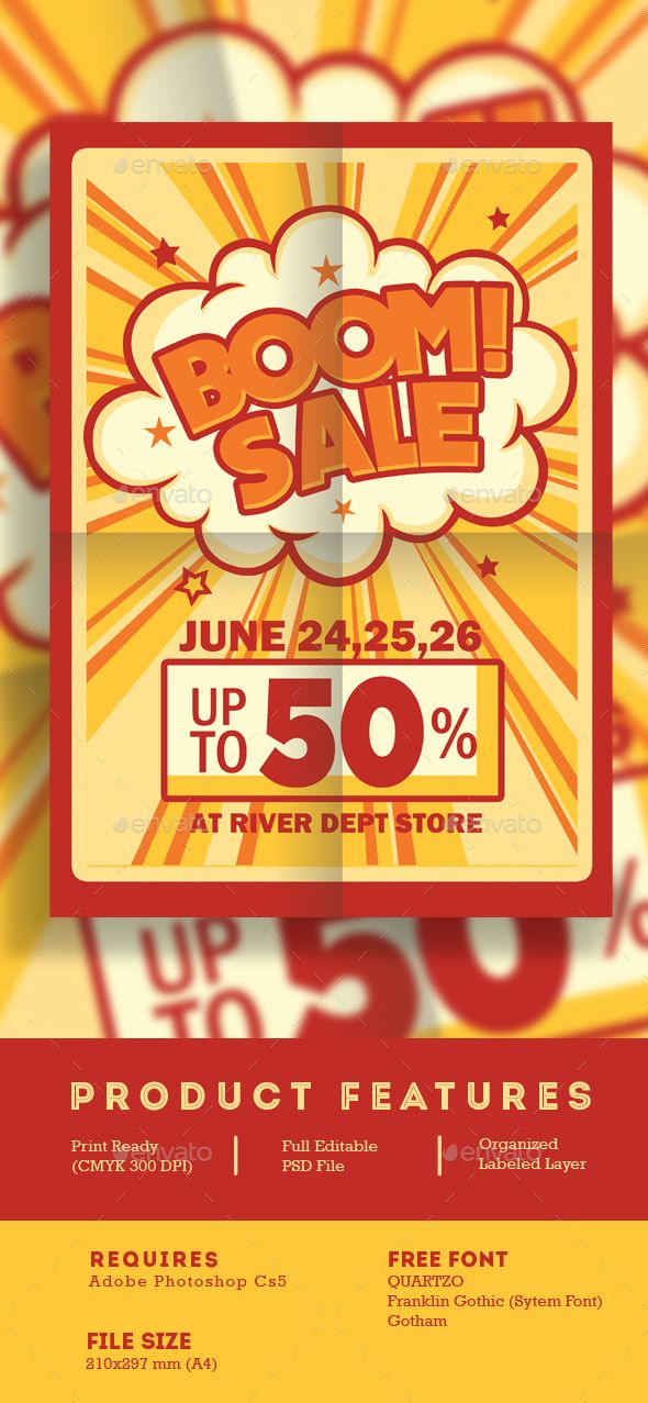 an advertisement for the boom sale is shown in red and yellow with stars on it