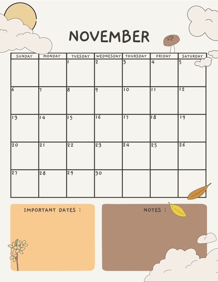 the november calendar is shown with an image of clouds and leaves on it, as well as