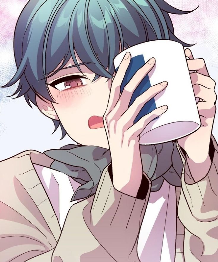 an anime character drinking from a cup with blue hair and wearing a white shirt,