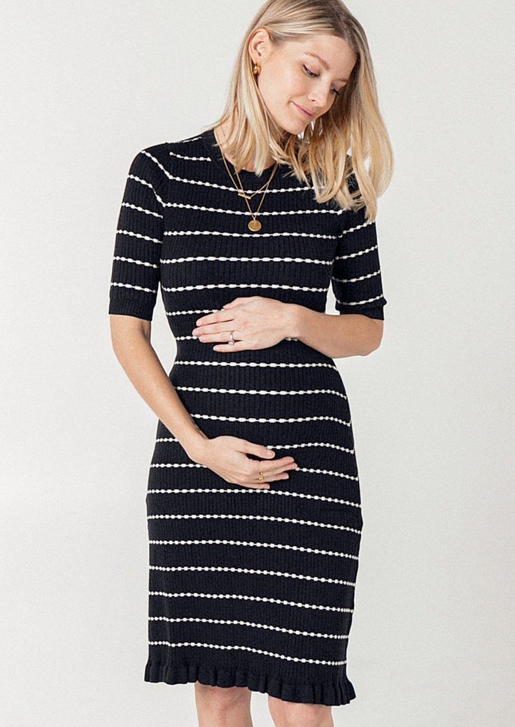 Louie Striped Knit Maternity Sweater Dress – MARION Maternity Postpartum Dresses, Outfit Black And White, Maternity Work Wear, Maternity Sweater Dress, Knit Dress Black, Post Pregnancy Fashion, Maternity Street Style, Maternity Wardrobe, Nursing Fashion