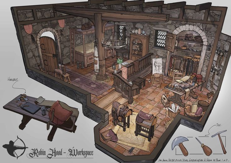 a drawing of an old - fashioned kitchen and living room in a medieval style house