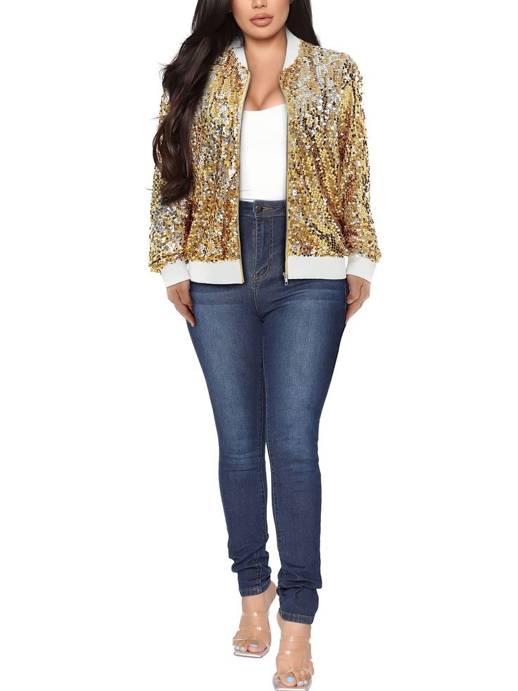 PRICES MAY VARY. Material:Fabric: 100% polyester;Lining: 100% polyester Features:Dazzling sequin design,open front zipper closure,special ribbed collar,cuffs,hem.Colorful and high-grade fabrics, soft and comfortable lining.Wearing any color at any time will make you being eye-catching. These womens sequin jacket are suitable for office work, meeting, business trips and interviews. Occasion:Casual style is perfect for daily wearing,party, going out and other occasions. The sequin bomber jacket al Christmas Jacket, Womens Jackets Casual, Work Meeting, Sequin Design, Sequin Jacket, Long Sleeve Sequin, Casual Vest, Clothing Manufacturer, Cool Jackets