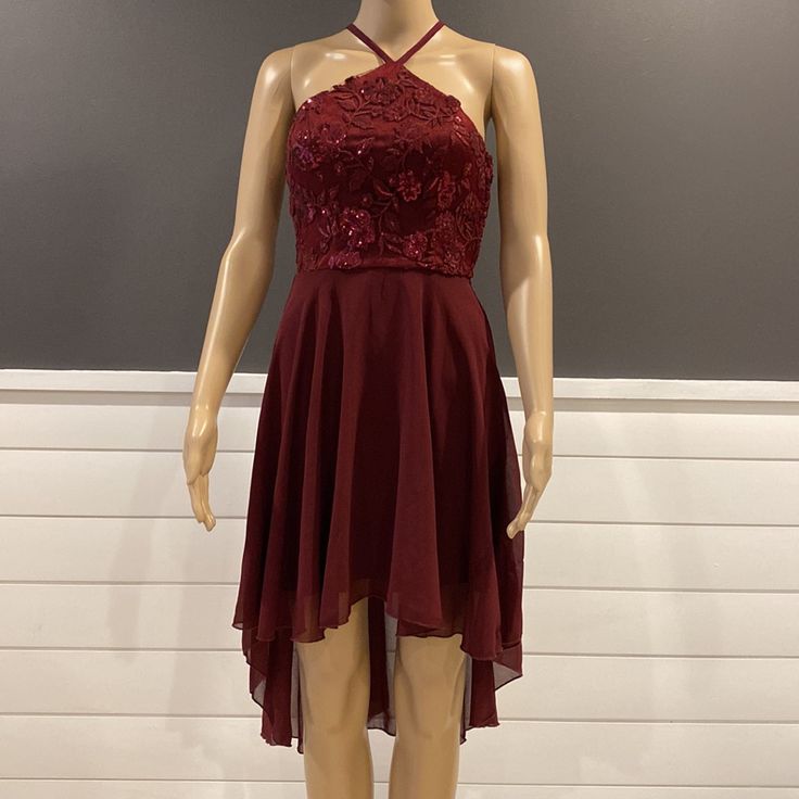 Speechless Dress New, Size : 3 Color :Wine Style :High Low Red Mini Length Halter Dress For Evening, Red Mini Halter Dress For Evening, Elegant Red Halter Mini Dress, Red Midi Length Halter Dress For Party, Red Midi Halter Dress For Party, Burgundy Sleeveless Mini Dress For Evening, Burgundy Sleeveless Evening Mini Dress, Red Sleeveless Halter Dress For Prom, Spring Evening Red Halter Dress