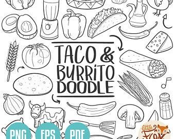 hand drawn taco and burrito doodle with the words in black on white