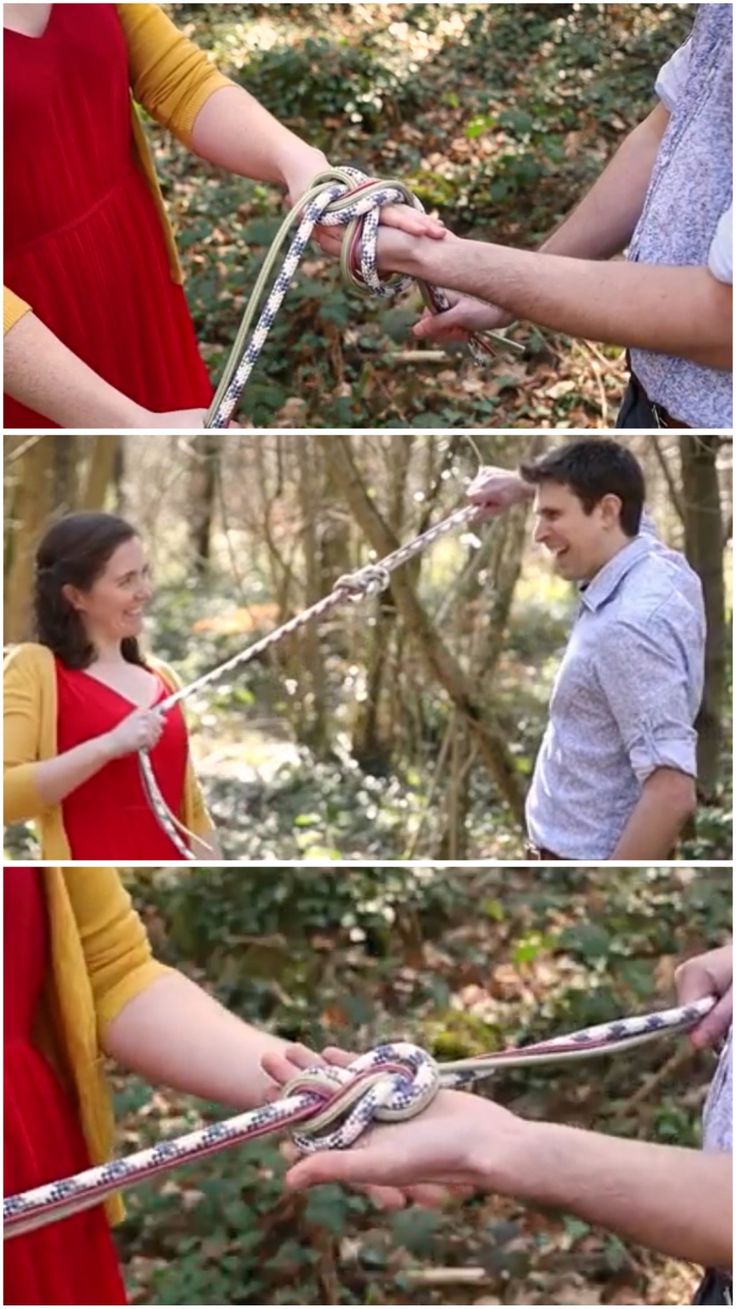 Three frames of a couple (a brunette, caucasian male presenting figure wearing a blue shirt and a brunette, caucasian female presenting figure wearing a red dress with a mustard yellow sweater) stand in a forest demonstrating the infinity knot method of tying handfasting cords using three pieces of paracord (one tan, one red, and one with an alternating pattern of blue and white). Hand Fasting Infinity Knot, How To Tie A Handfasting Cord, Wedding Ceremony Knot Tying, Nordic Handfasting Ceremony, Infinity Knot Handfasting, Hand Tie Ceremony, How To Tie A Handfasting Knot, Tie The Knot Ceremony, Handfasting Infinity Knot