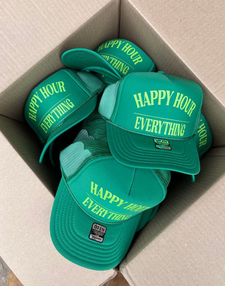 Happy Hour / Everything Trucker Hat is one of the most popular nowadays. This hat cap is a modern take on a classic design. This hat is the perfect choice thanks to its sharp styling, spirited color, and lively green underbill. The Trucker Hat iconic flat bill adds a subtle charm that takes you back to the good ol' days. This Letter Print Hat has an adjustable snap closure. This hat is high-quality printed which makes you more fashionable. It is casual wear in spring, autumn, and winter. It's protecting you from sunshine. This is a Cute Hat and would look great on people. Any big head fits incredibly snugly. Staff fave alert! We are obsessed with this color combo and can't wait to rock this at happy hour with the girls! Specification: Pull-On closure Hand Wash Only Pit stop trucker hat Cheap Letter Print 5-panel Trucker Hat, Green Summer Trucker Hat With Visor, Trendy Green Snapback Hat, Green Flat Brim Hat, One Size Fits Most, Green Spring Baseball Cap With Short Brim, Fun Green Baseball Cap With Curved Brim, Retro Green Snapback Hat With Short Brim, Trendy Green Baseball Cap With Visor, Fun Green Hats For Spring