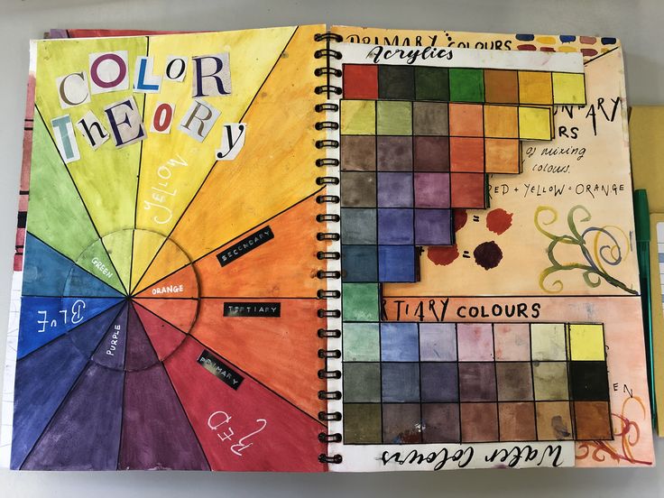 a spiral notebook with an open color theory book on it and the words'color theory'written in cursive writing