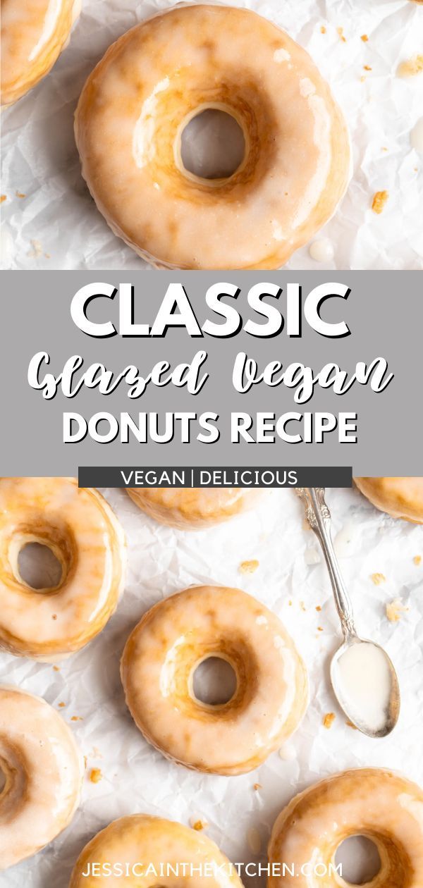 glazed vegan donuts on parchment paper with a spoon and title text overlay