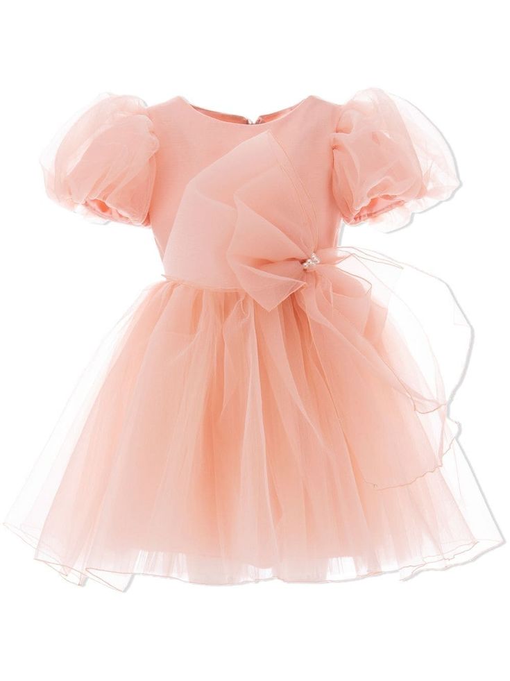 peach pink tulle overlay oversize bow detail round neck short sleeves rear zip fastening flared skirt Balloon Skirt, Dress Bow, Dino Birthday, Organza Dress, Pink Tulle, Girls Party, Flower Girls, Flared Skirt, Peach Pink