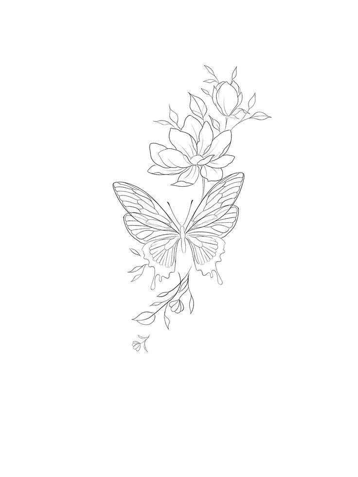 a black and white drawing of a butterfly on a flower