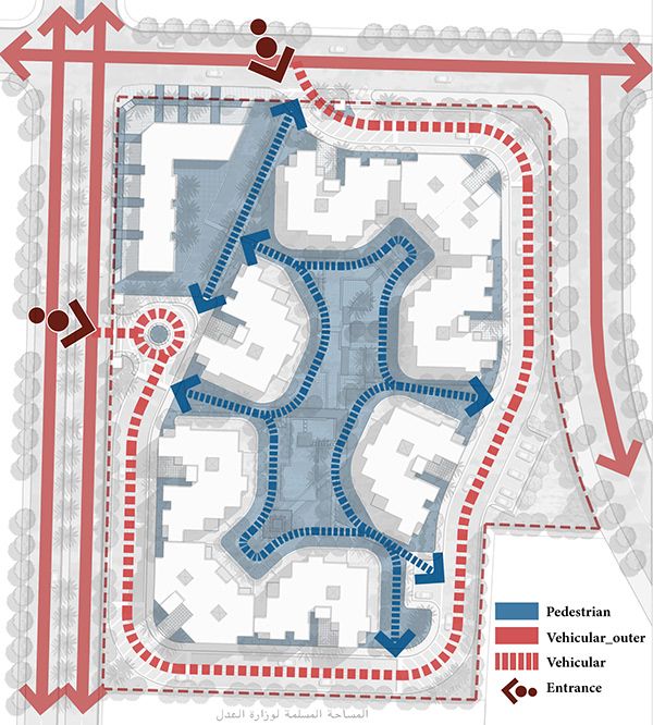 a map shows the location of several buildings and streets in red, white and blue