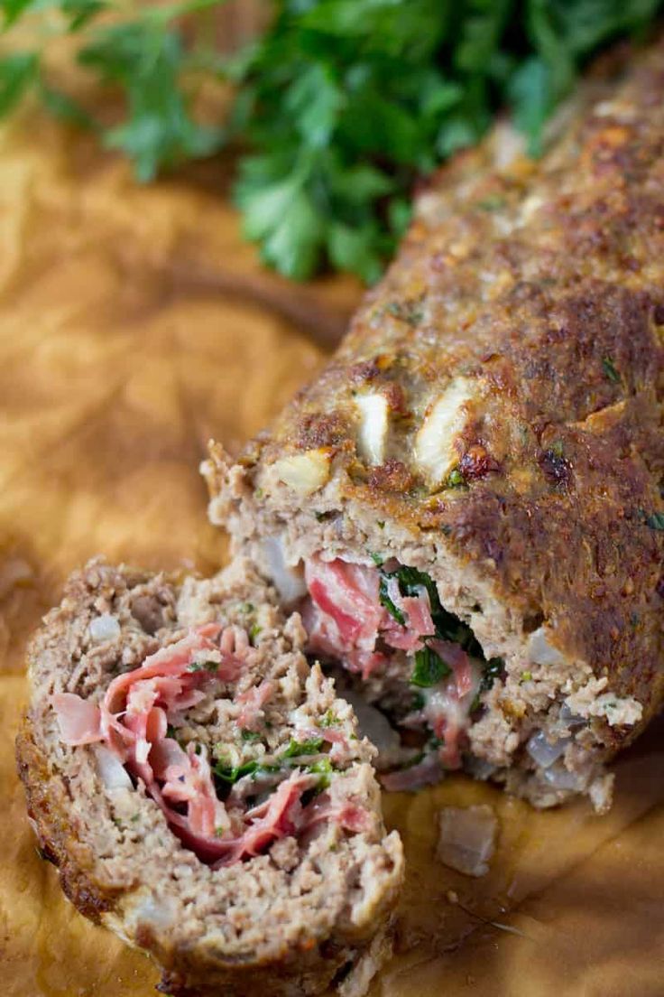 the meatloaf is cut in half and ready to be eaten