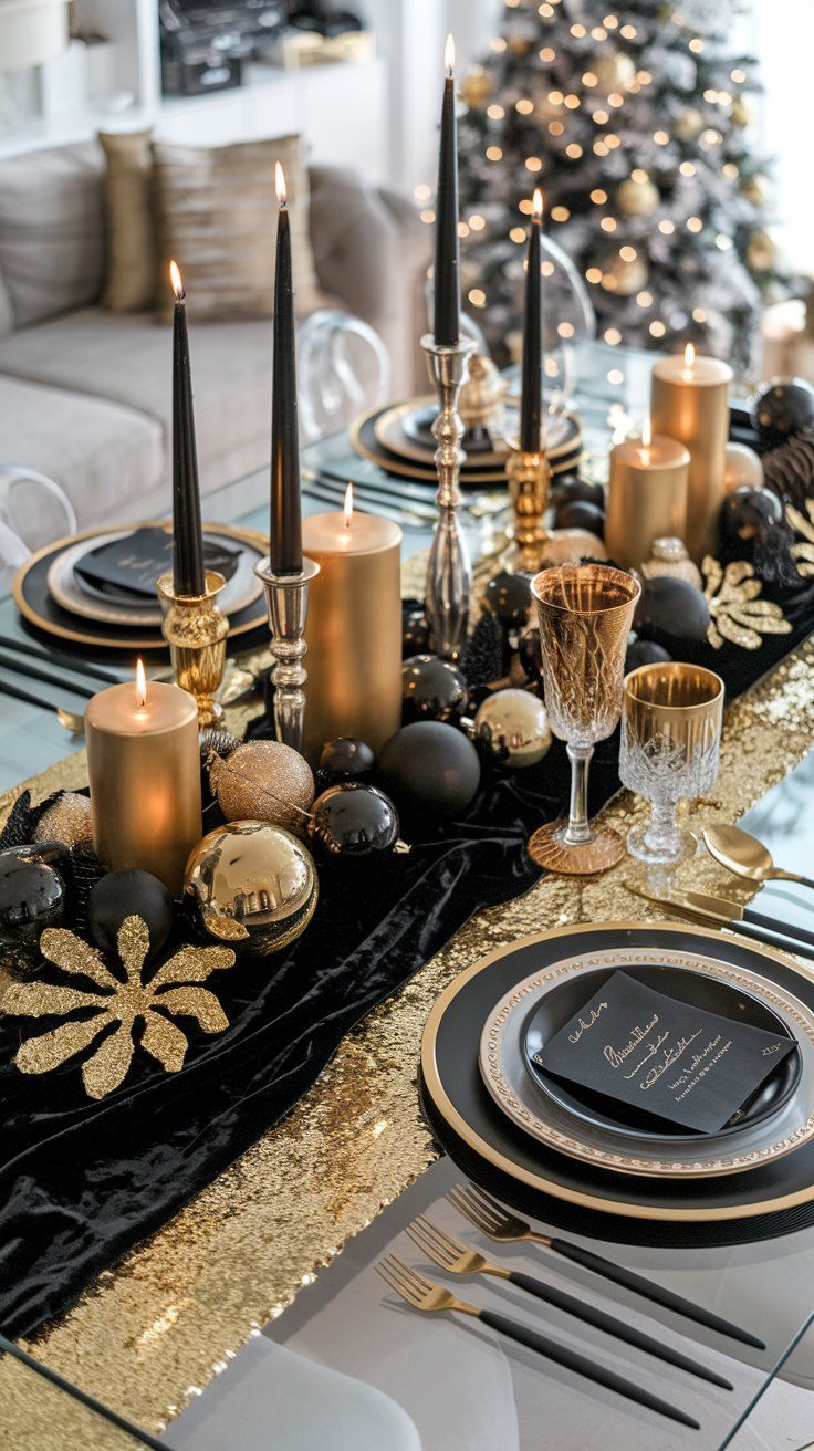 a christmas table setting with black and gold decorations