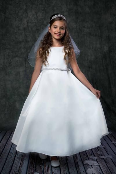 Long Satin Pearl Trim Communion Dress Girls Communion Dresses, Holy Communion Dresses, First Communion Dress, First Communion Dresses, Girls Formal Dresses, Womens Prom Dresses, Mob Dresses, Pearl Dress, Communion Dresses