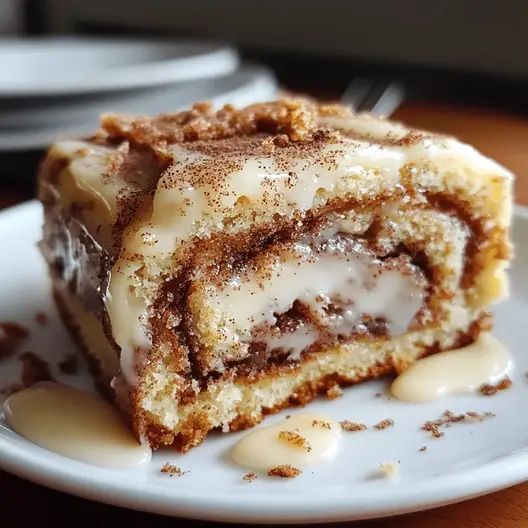 a piece of cinnamon roll sitting on top of a white plate covered in icing