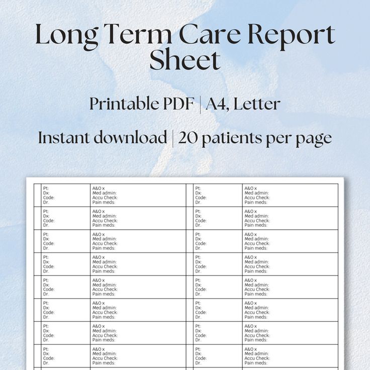 the long term care report sheet for printable ppa4 letter instant download 20 patients per page