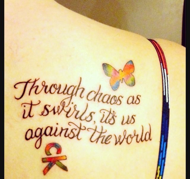 a woman's tattoo with the words through chaos as it inspires us against the world