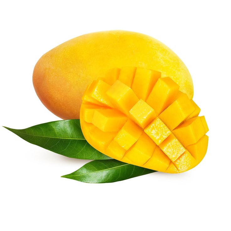 two pieces of mango sitting on top of a green leaf