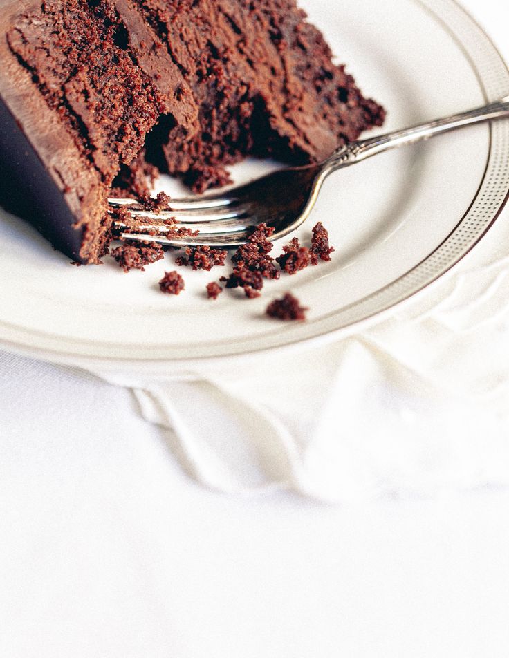 a piece of chocolate cake on a plate with a fork