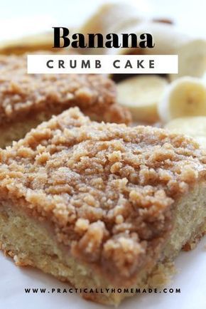 two pieces of banana crumb cake on a white plate with bananas in the background