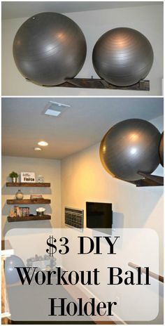 three photos with the words 3 diy workout ball holder above them and below it