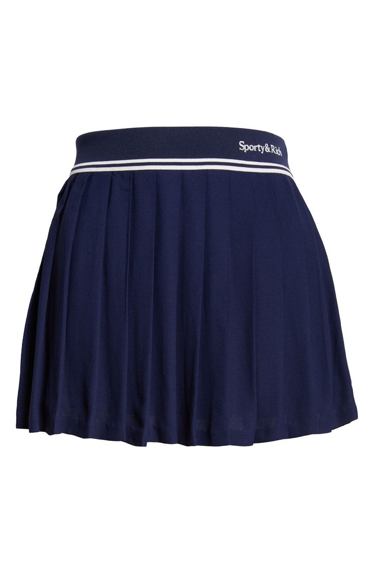 Sporty stripes and a logo embroidery highlight the waist of this preppy skirt boasting crisp allover pleats. Elastic waist 100% viscose Dry clean or machine wash, line dry Imported Asian & Pacific Islander Owned/Founded Sporty Pleated Skirt With Accordion Pleats, Sporty Accordion Pleats Skirt For Spring, Relaxed Skirt With Striped Hem, Navy Casual Tennis Skirt, Navy Pleated Skort, Navy Mini Tennis Skirt For Spring, Navy Pleated Skirt Bottoms For Spring, Preppy Pleated Tennis Skirt, Navy Pleated Skirt For Spring