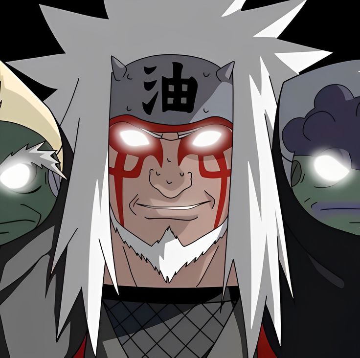 three anime characters with white hair and red eyes are standing in front of each other