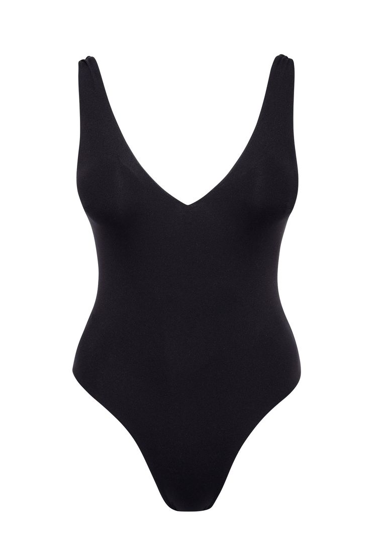 Santa Caterina One Piece - Black – Monday Swimwear Sleek Seamless V-neck Swimwear, V-neck Swimwear With Moderate Back Coverage, Low Back Bodysuit With Built-in Bra For Pool, Sleek V-neck Seamless Bodysuit, Stretch V-neck Shapewear Swimwear, Chic Seamless V-neck Bodysuit, Summer Elastane Bodysuit With Lined Body, Sleek One-piece Bodysuit For Summer, Sleek Summer One-piece Bodysuit