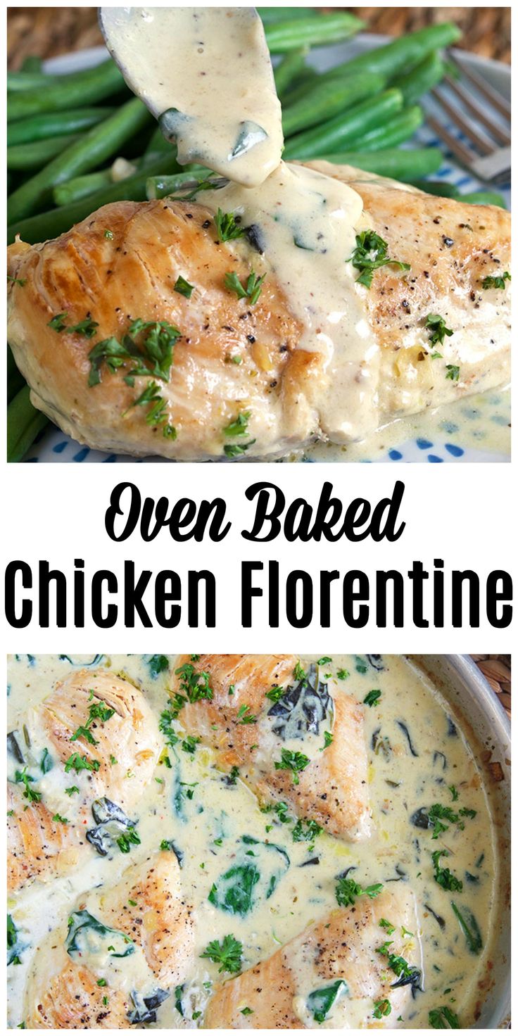 chicken florentine with spinach and cream sauce in a skillet