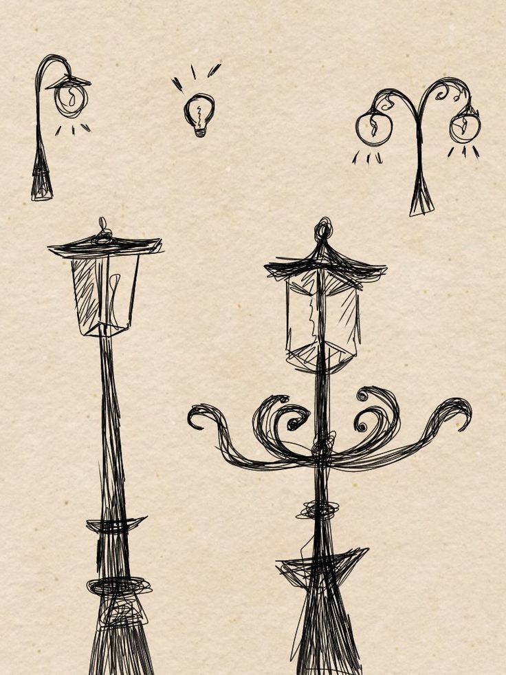 an ink drawing of two street lamps and a lamppost with lights on it,