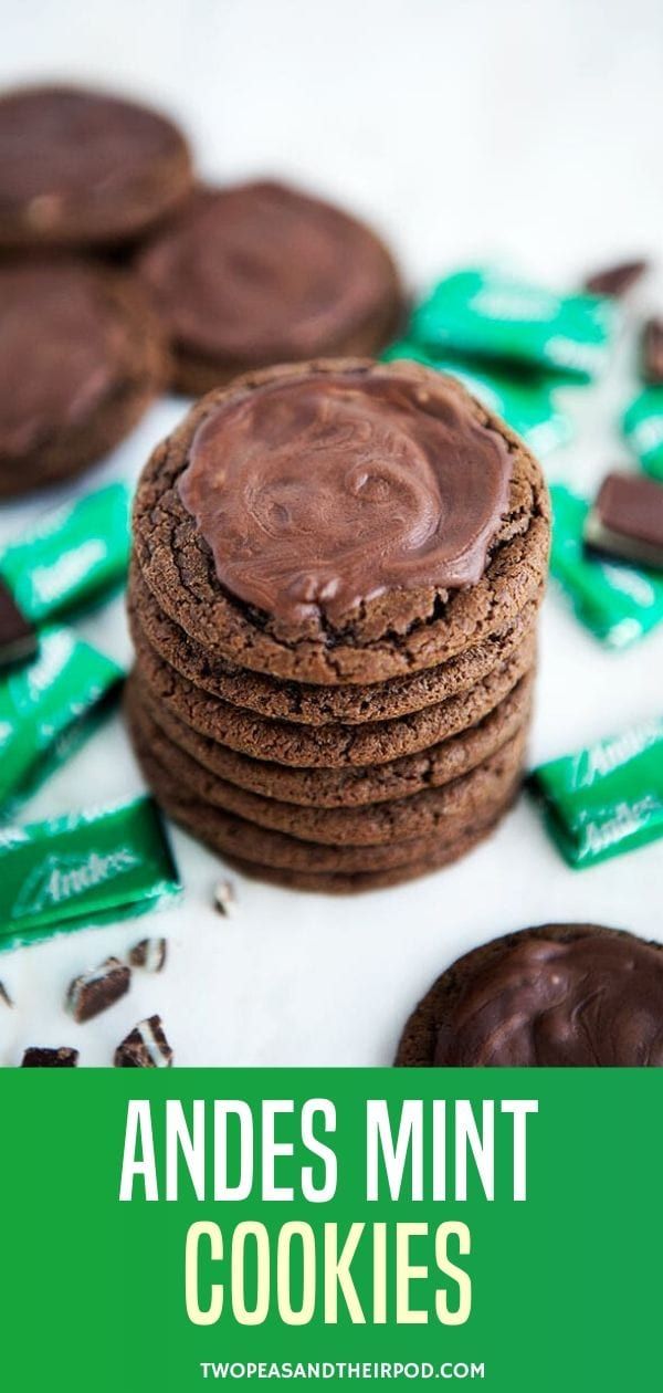 chocolate cookies are stacked on top of each other with the words, andes mint cookies